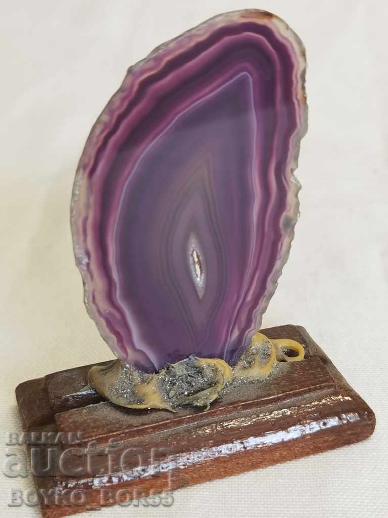 Tile of Polished Agate and Wooden Stand