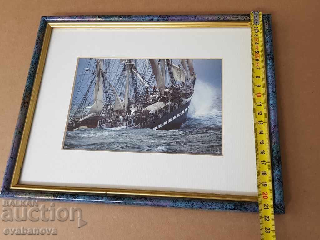 Landscape sea ship waves Picture framed Reproduction - 5