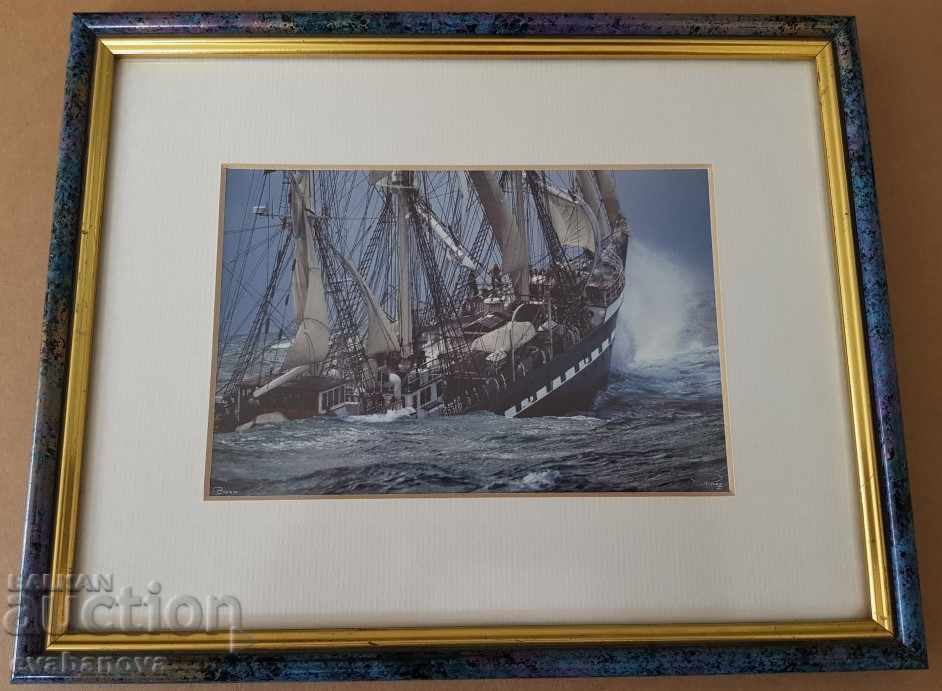 Landscape sea ship waves Picture framed Reproduction