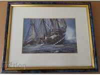 Landscape sea ship waves Picture framed Reproduction