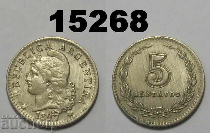 Argentina 5 cenți 1897 XF + / AU monedă rară