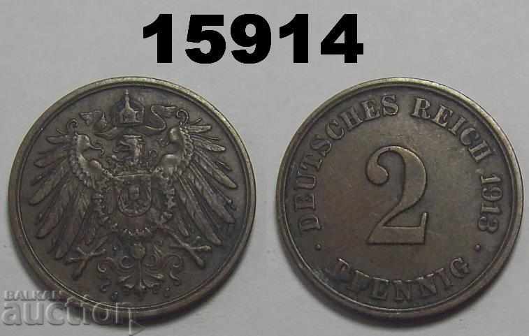 Germania 2 pfennigs 1913 J monedă excelentă