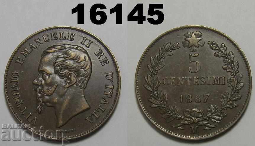 Италия 5 центесими 1867 M монета XF!