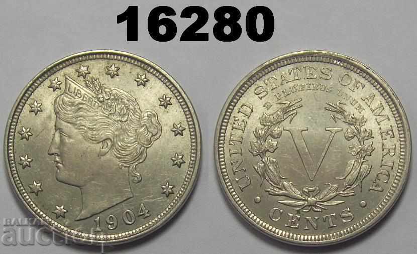 Рядка САЩ 5 цента 1904 Прекрасна монета