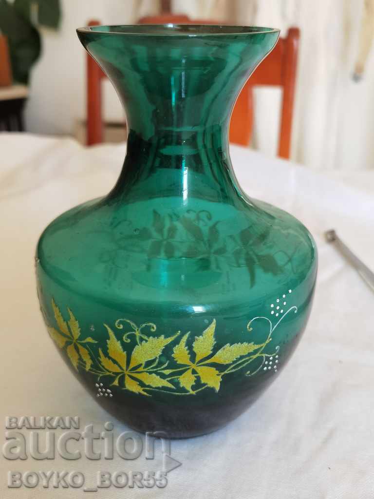 Vază de sticlă antică Sticlă verde, cu ornamente