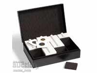 Storage box for up to 200 coins in self-adhesive cardboard holders