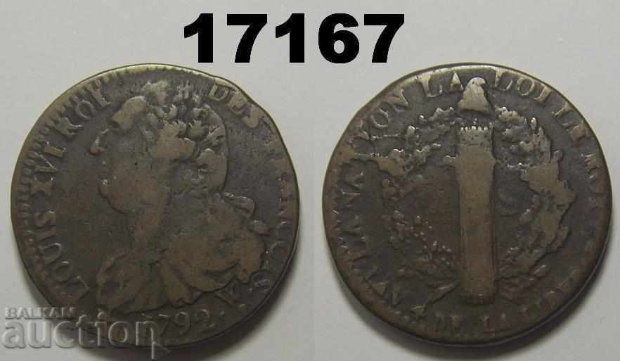 France 2 sol 1792 W Lille Large Rare coin