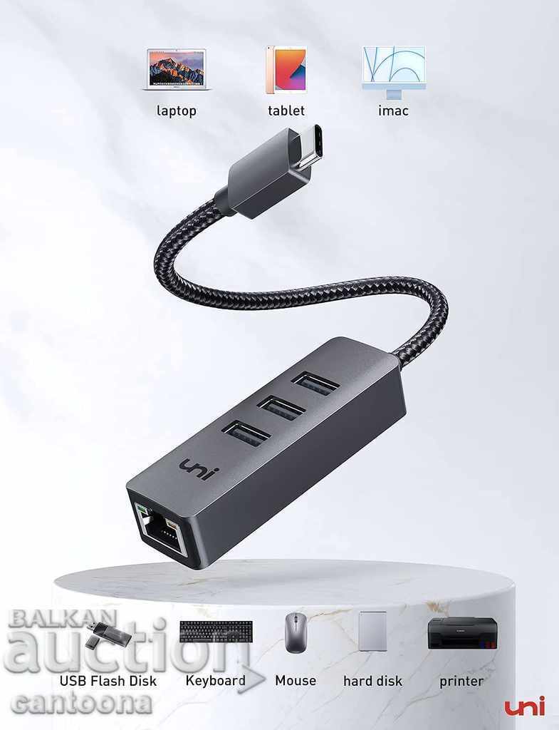 Δημοπρασία Προσαρμογέας uNi USB C σε Gigabit Ethernet, HUB 3 x USB 3.0