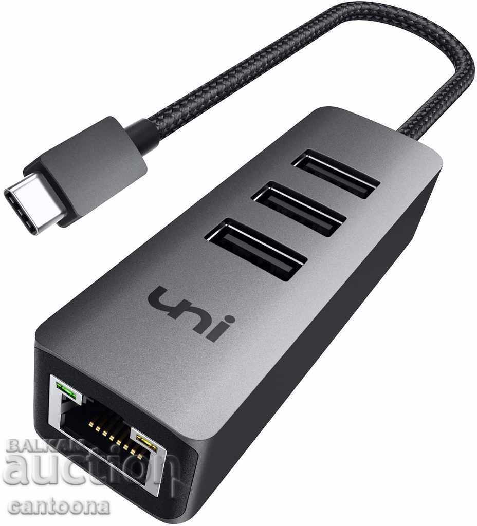 uNi USB C към Gigabit Ethernet адаптер, HUB 3 x USB 3.0