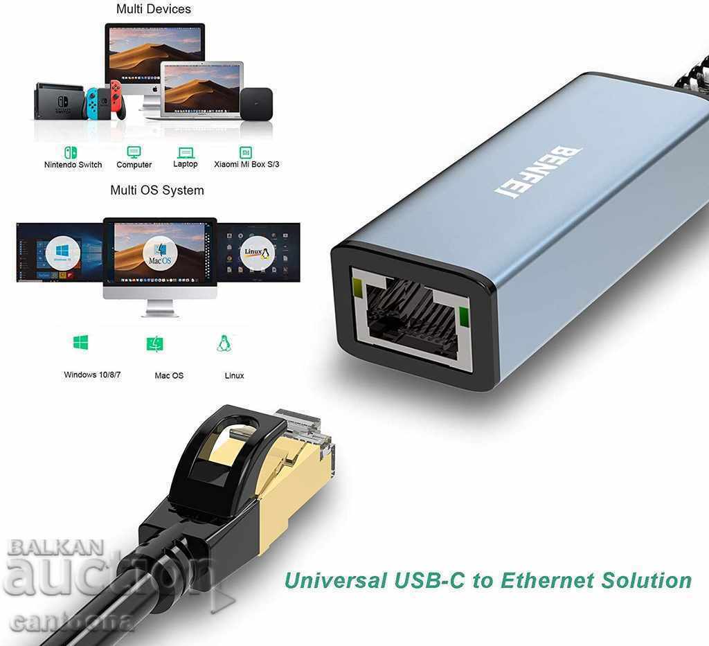 Benfei USB Type-C (Thunderbolt 3) to RJ45 Gigabit Ethernet with price 26.98 BGN | € 13.79