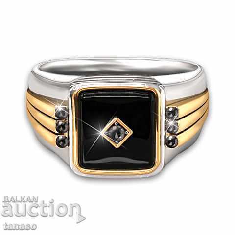 Ring with black sapphire and zircons, gilding, size 65
