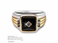 Ring with black sapphire and zircons, gilding, size 65