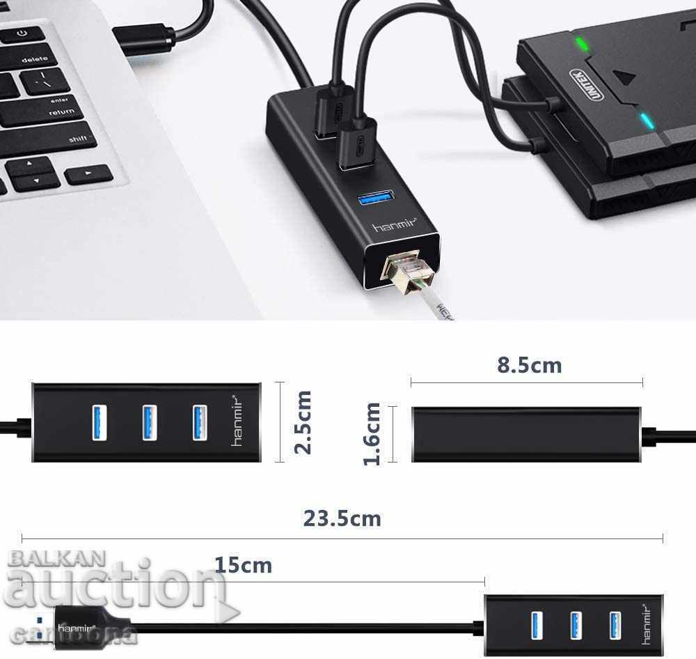 Delivery of HANMIR Hub, 3xUSB 3.0 - 5Gbps, Gigabit Ethernet RJ45 1000Mbp Delivery of HANMIR Hub, 3xUSB 3.0 - 5Gbps, Gigabit Ethernet RJ45 1000Mbp