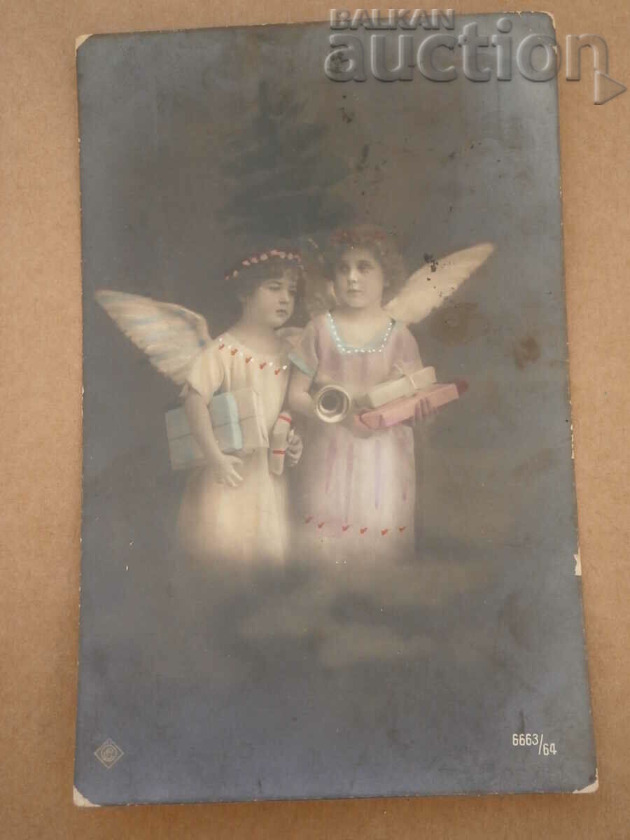 старинна коледна картичка с ангелчета 20те