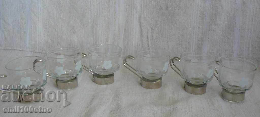 Auction Service 6 pcs, coffee cups - glass with metal handles Auction Service 6 pcs, coffee cups - glass with metal handles
