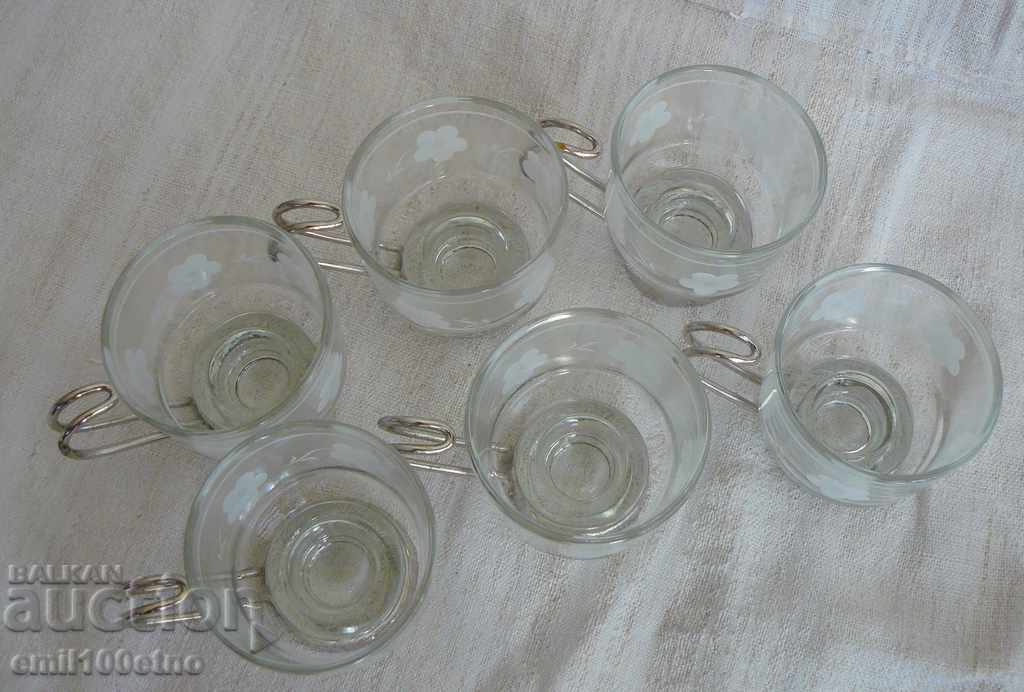Delivery of Service 6 pcs, coffee cups - glass with metal handles Delivery of Service 6 pcs, coffee cups - glass with metal handles
