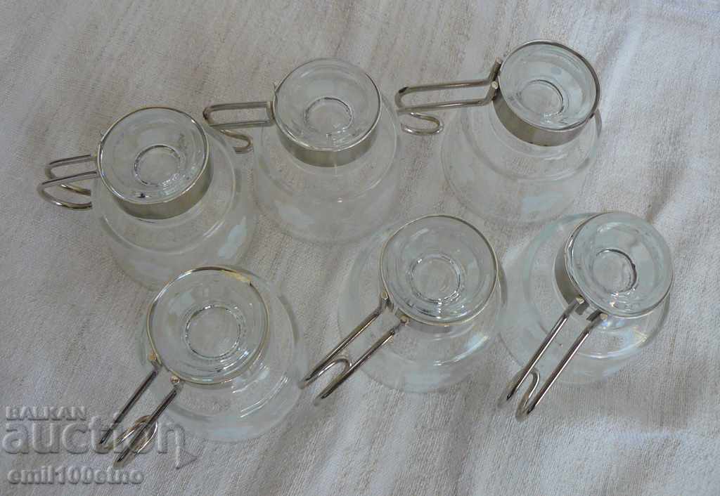 Service 6 pcs, coffee cups - glass with metal handles - 5 Service 6 pcs, coffee cups - glass with metal handles - 5