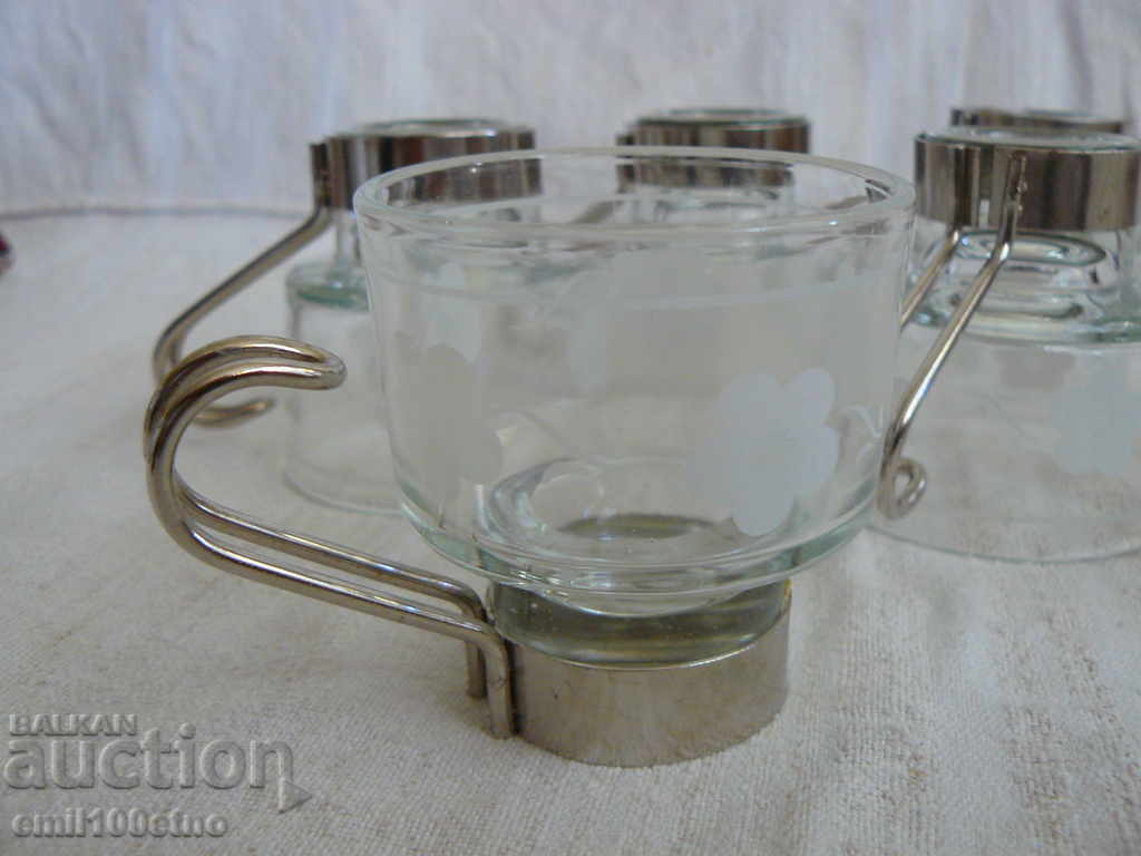 Service 6 pcs, coffee cups - glass with metal handles - 6 Service 6 pcs, coffee cups - glass with metal handles - 6