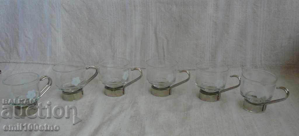 Service 6 pcs, coffee cups - glass with metal handles
