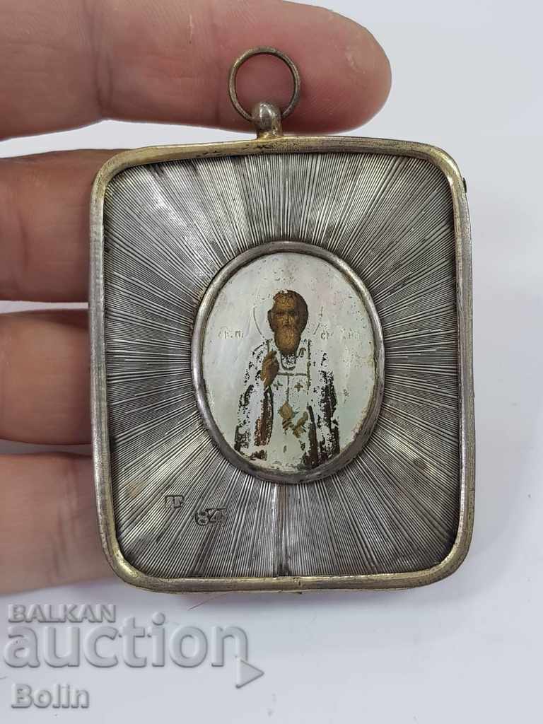 Σπάνια ρωσική αυτοκρατορική ασημένια εικόνα 84 π.Χ. Άγιος Σέργιος 19ος αιώνας