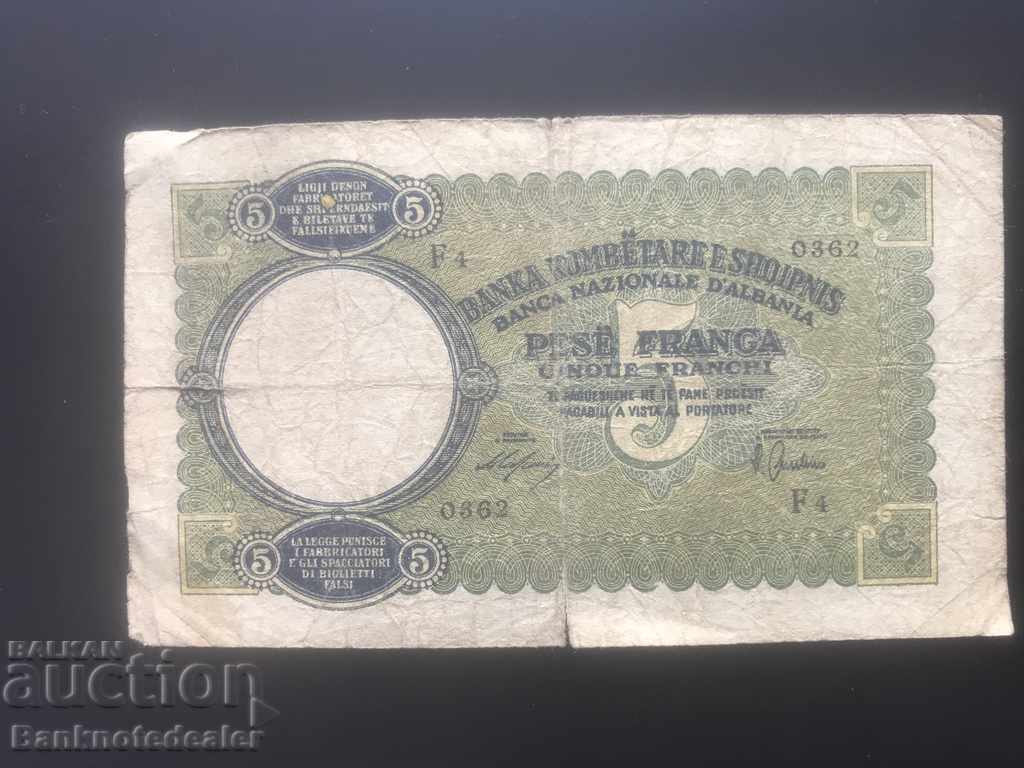 Albania 5 Franga 1939 Pick 6a Ref 0362