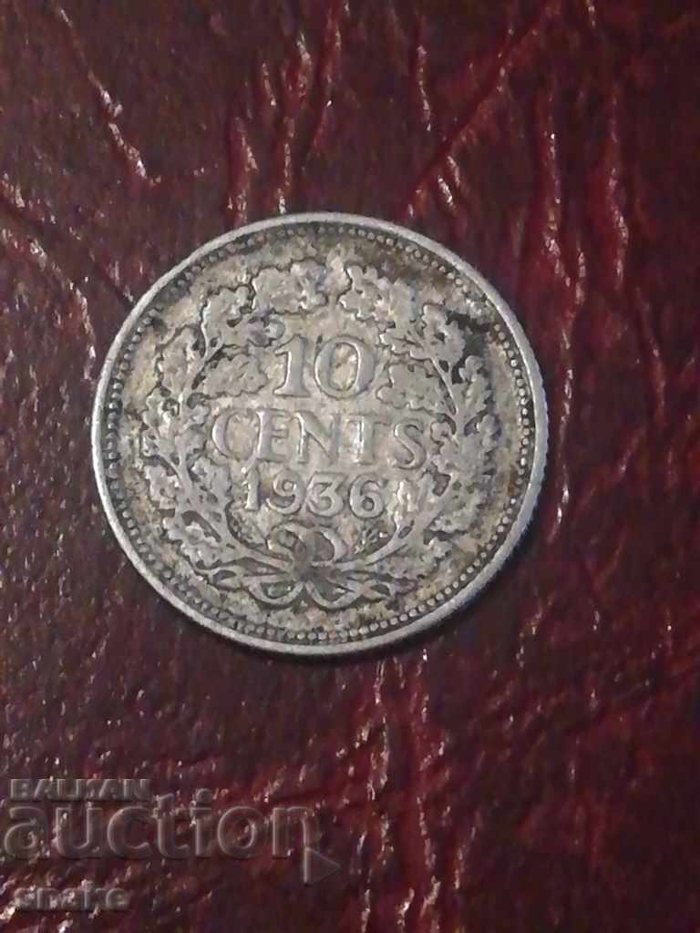 Netherlands 10 cents 1936 Silver