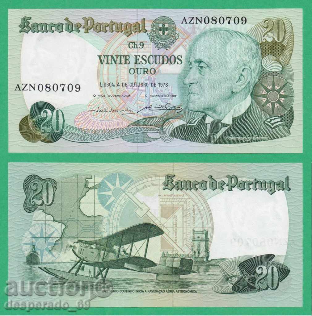 (¯`'•.¸ PORTUGALIA 20 escudos 04.10.1978 UNC ¸.•'´¯)