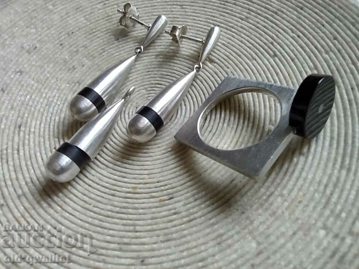 Earrings and Ring Set, 925 Silver, designer - 5 Earrings and Ring Set, 925 Silver, designer - 5