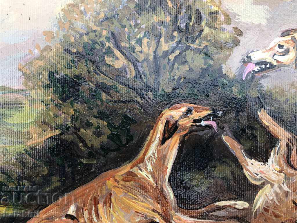 “Ловна картина-хрътки и заек” с цена 700.00 лв. | € 357.90 “Ловна картина-хрътки и заек” с цена 700.00 лв. | € 357.90