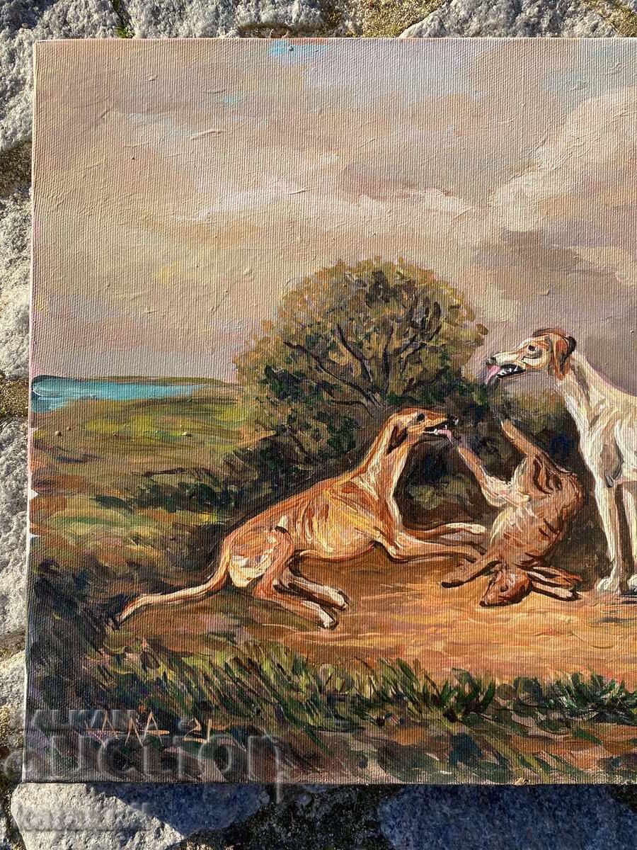 Hunting picture - greyhounds and hare with price € 100.00 | 195.58 BGN
