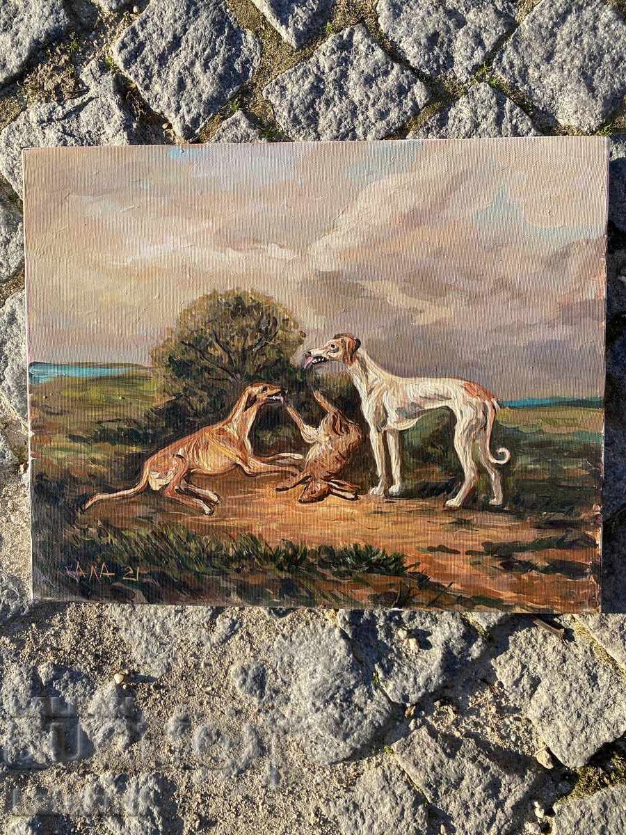Hunting picture - greyhounds and hare