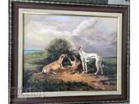 "Hunting picture - greyhounds and rabbit"