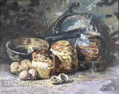 Still life with bread and eggs