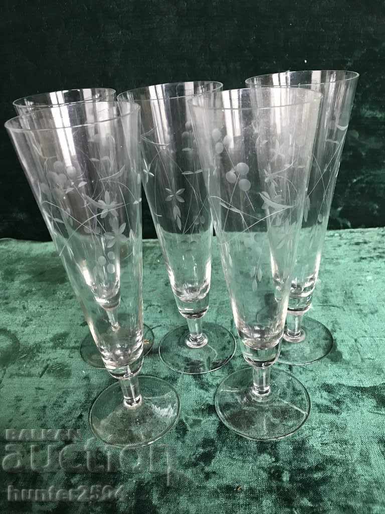 Cups-old engraved glass, 23 cm, 5 pieces