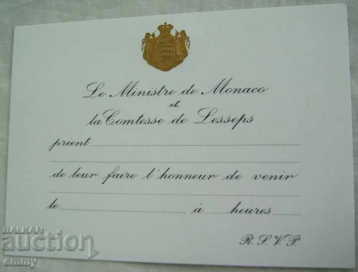 Invitation unused by the Minister of Monaco and Countess Lesseps