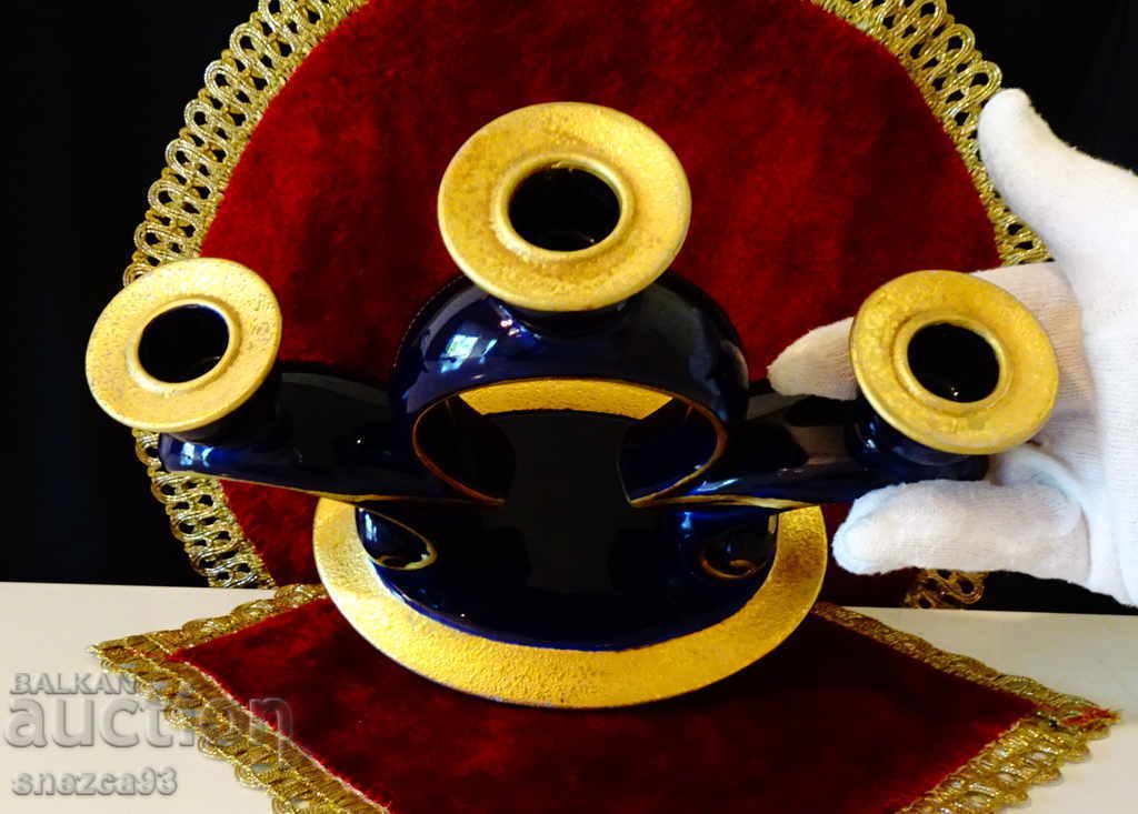 Triple candlestick cobalt, gold, Graf von Henneberg 1777 with price 56.00 BGN | € 28.63 Triple candlestick cobalt, gold, Graf von Henneberg 1777 with price 56.00 BGN | € 28.63