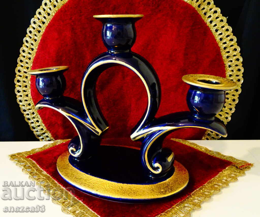 Triple candlestick cobalt, gold, Graf von Henneberg 1777 Triple candlestick cobalt, gold, Graf von Henneberg 1777