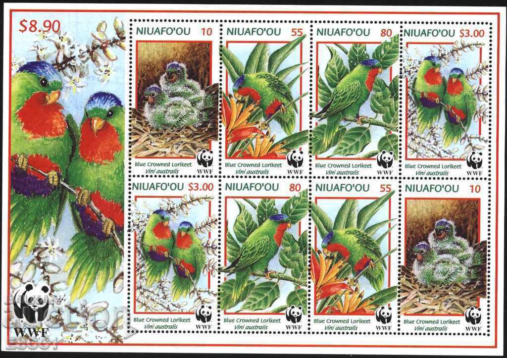 Чисти марки мал. лист WWF Птици Папагали 1998 Ниуафу Тонга