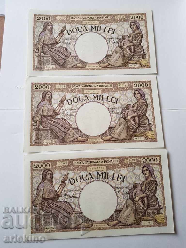 Rare Romanian 3 banknotes UNC 2000 lei 1941