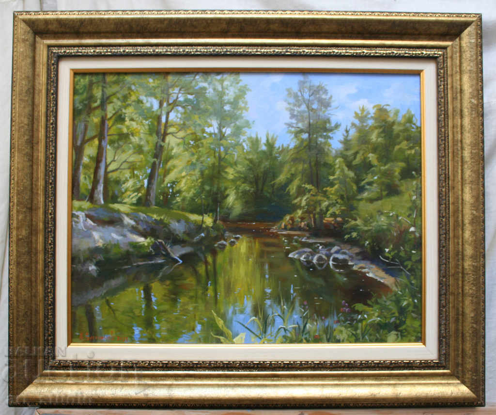 Forest landscape with river - oil paints