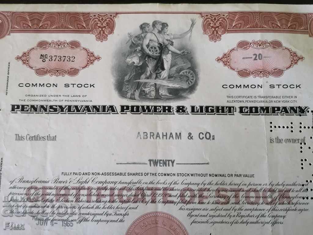 Share certificate Pennsylvania Power & Light Co 1965 with price 14.00 BGN | € 7.16 Share certificate Pennsylvania Power & Light Co 1965 with price 14.00 BGN | € 7.16