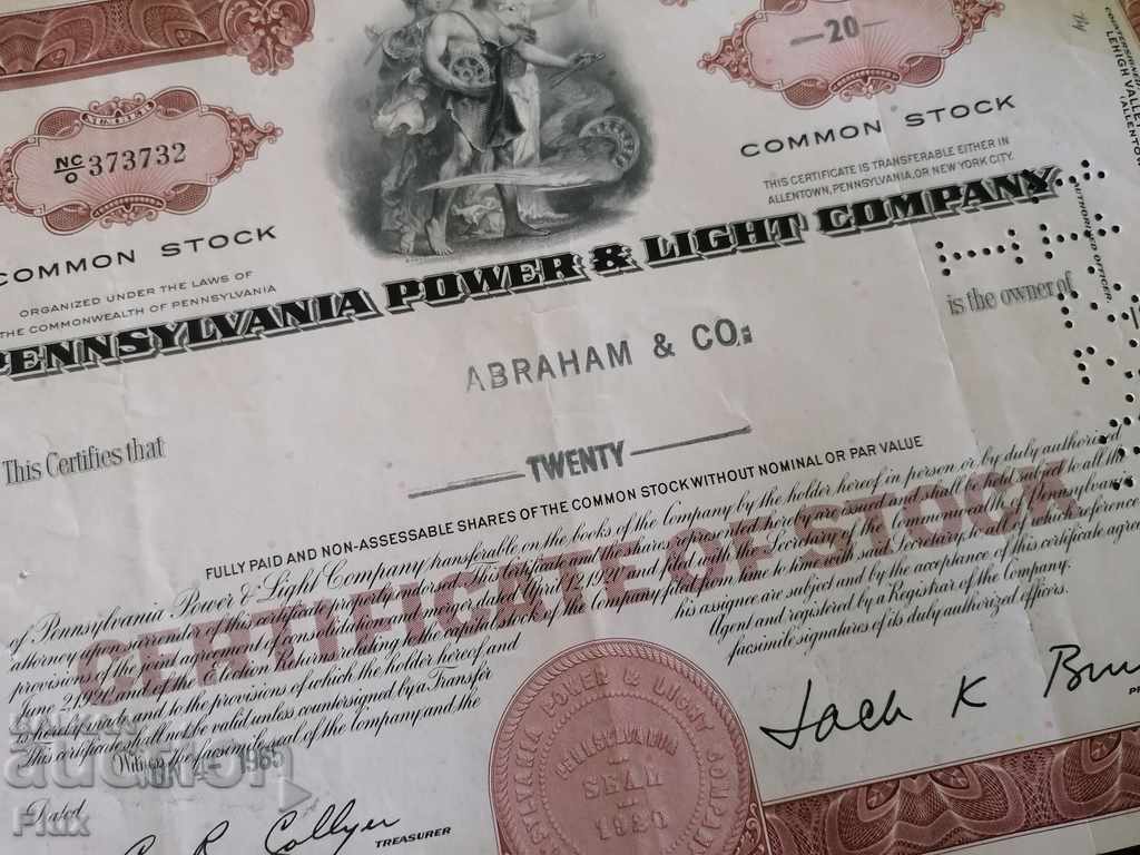 Auction Share certificate Pennsylvania Power & Light Co 1965 Auction Share certificate Pennsylvania Power & Light Co 1965