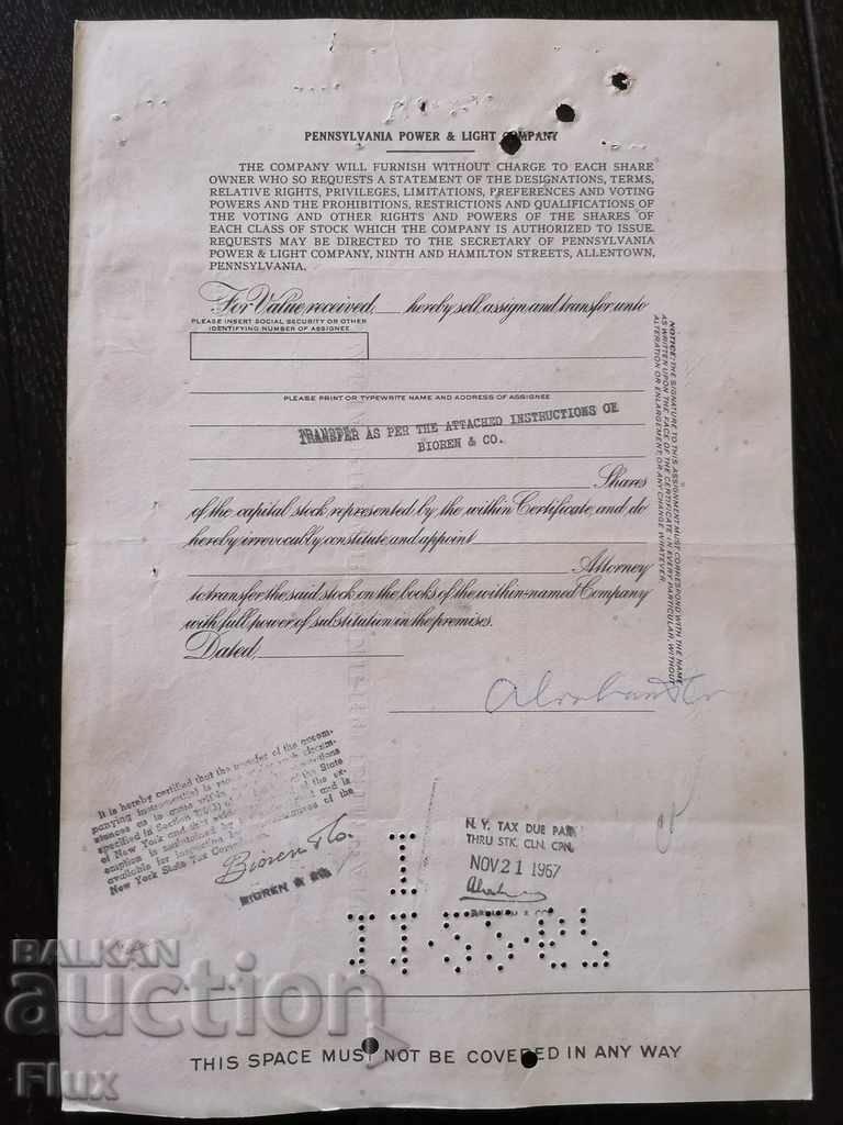 Delivery of Share certificate Pennsylvania Power & Light Co 1965 Delivery of Share certificate Pennsylvania Power & Light Co 1965