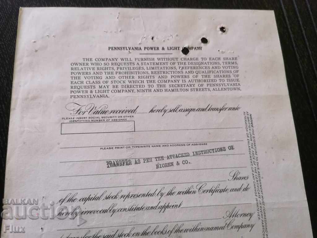 Share certificate Pennsylvania Power & Light Co 1965 - 5 Share certificate Pennsylvania Power & Light Co 1965 - 5