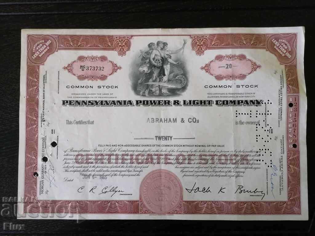 Certificat de acționare Pennsylvania Power & Light Co 1965