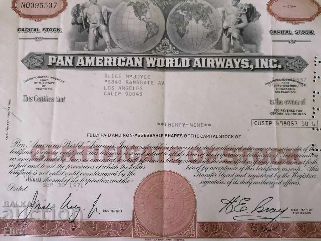 Auction Share certificate Pan American World Airways 1971 Auction Share certificate Pan American World Airways 1971