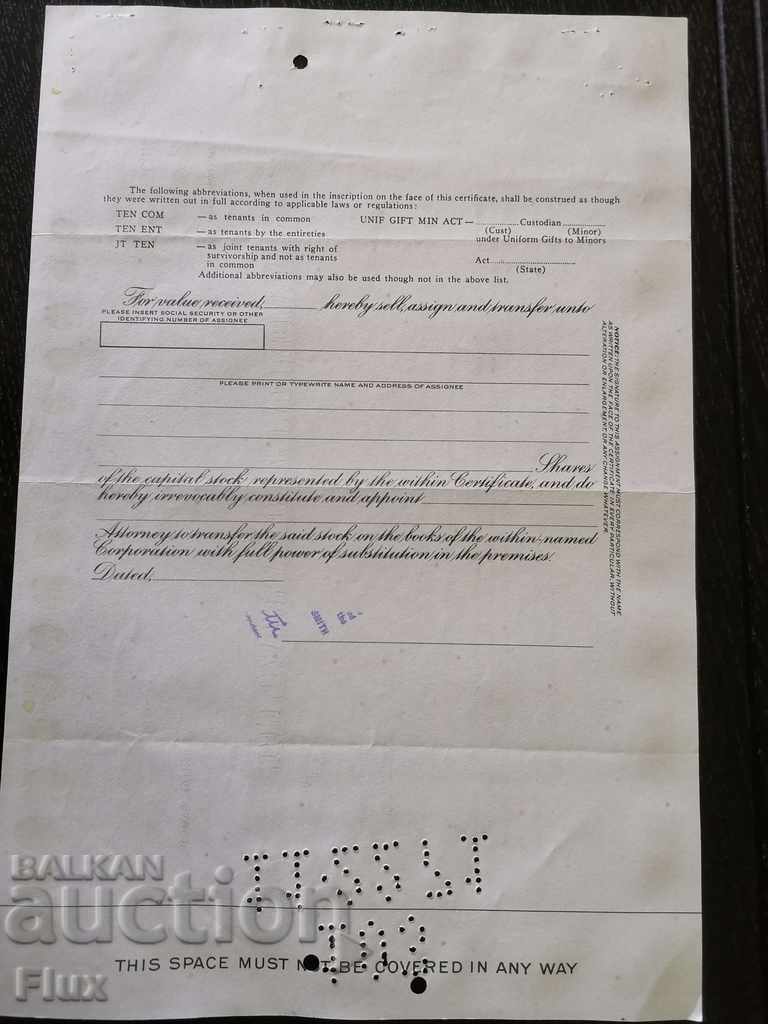 Delivery of Share certificate Pan American World Airways 1971 Delivery of Share certificate Pan American World Airways 1971