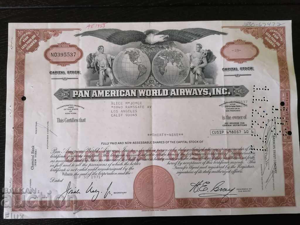 Сертификат за акции | Pan American World Airways | 1971г.