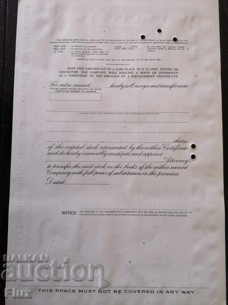 Livrarea Certificat de acționare Compania centrală New Work din Pennsylvania