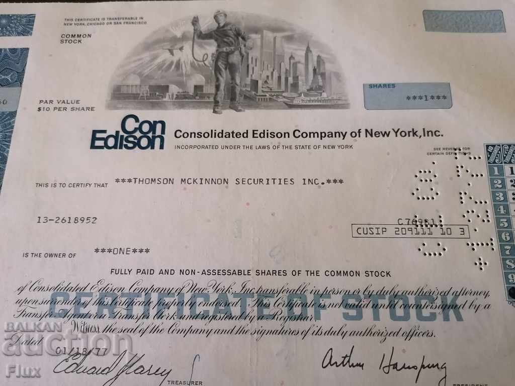 Auction  Share certificate With Edison Company New York 1977